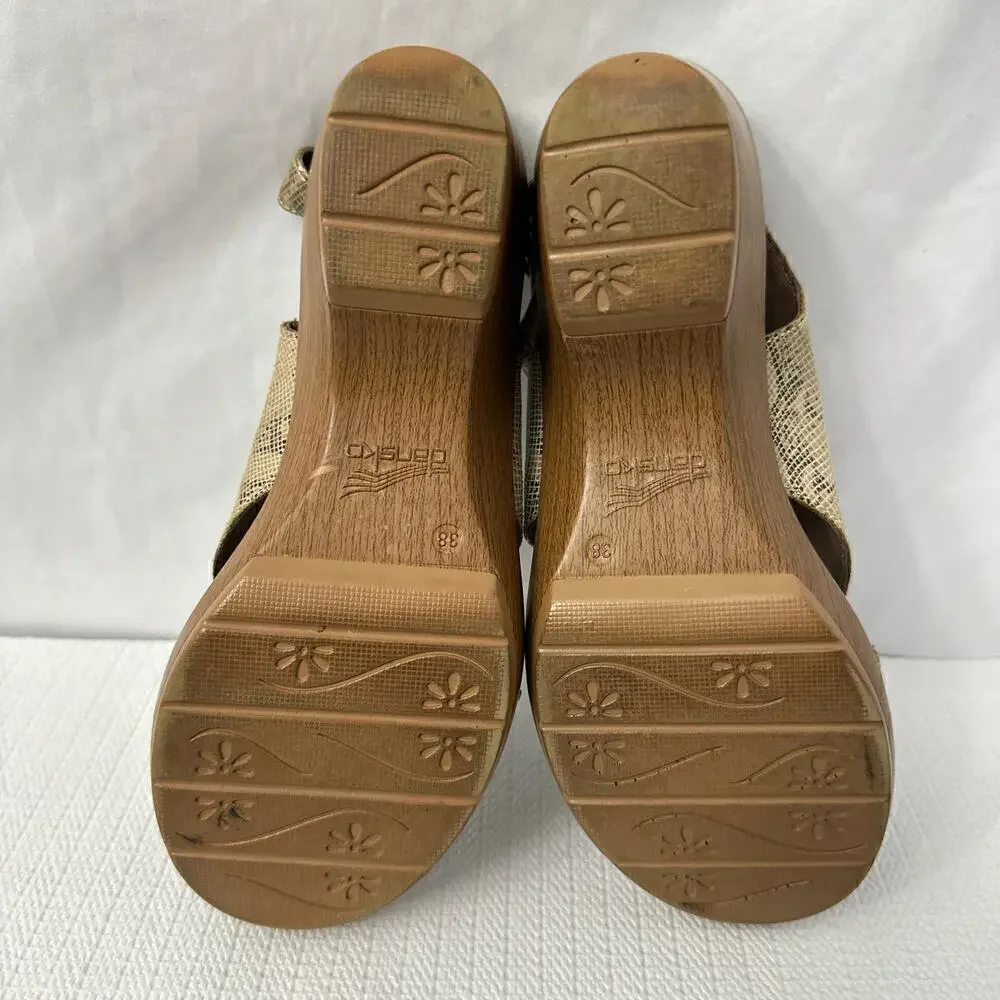 Dansko Sandals Womens Size 8 Brown Tan Snakeskin Wedge Heel